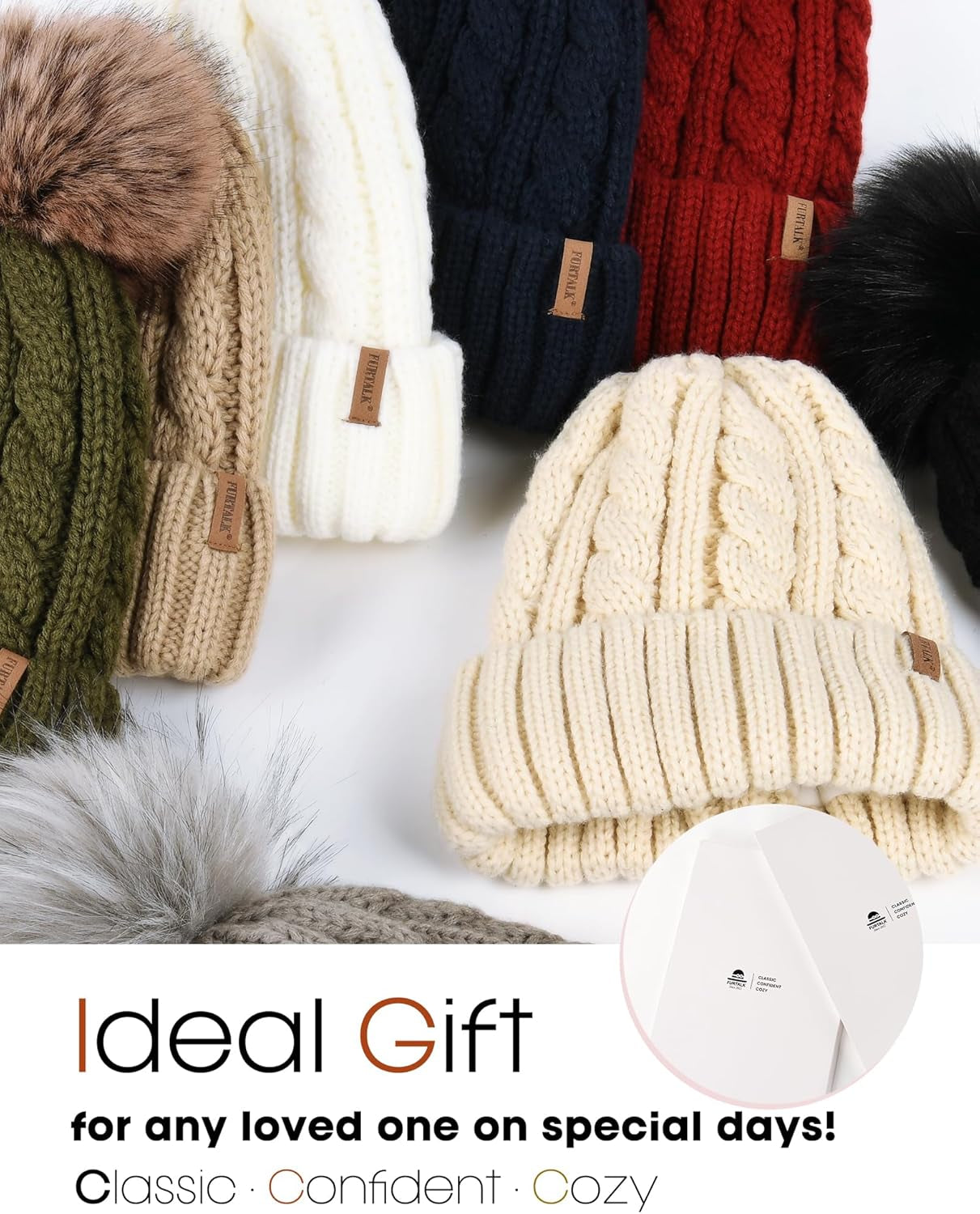 Winter Beanie Knit Hat for Women Warm Fleece Lined with Faux Fur Pom Poms Womens Thick Ski Hats Knitted Skull Cap