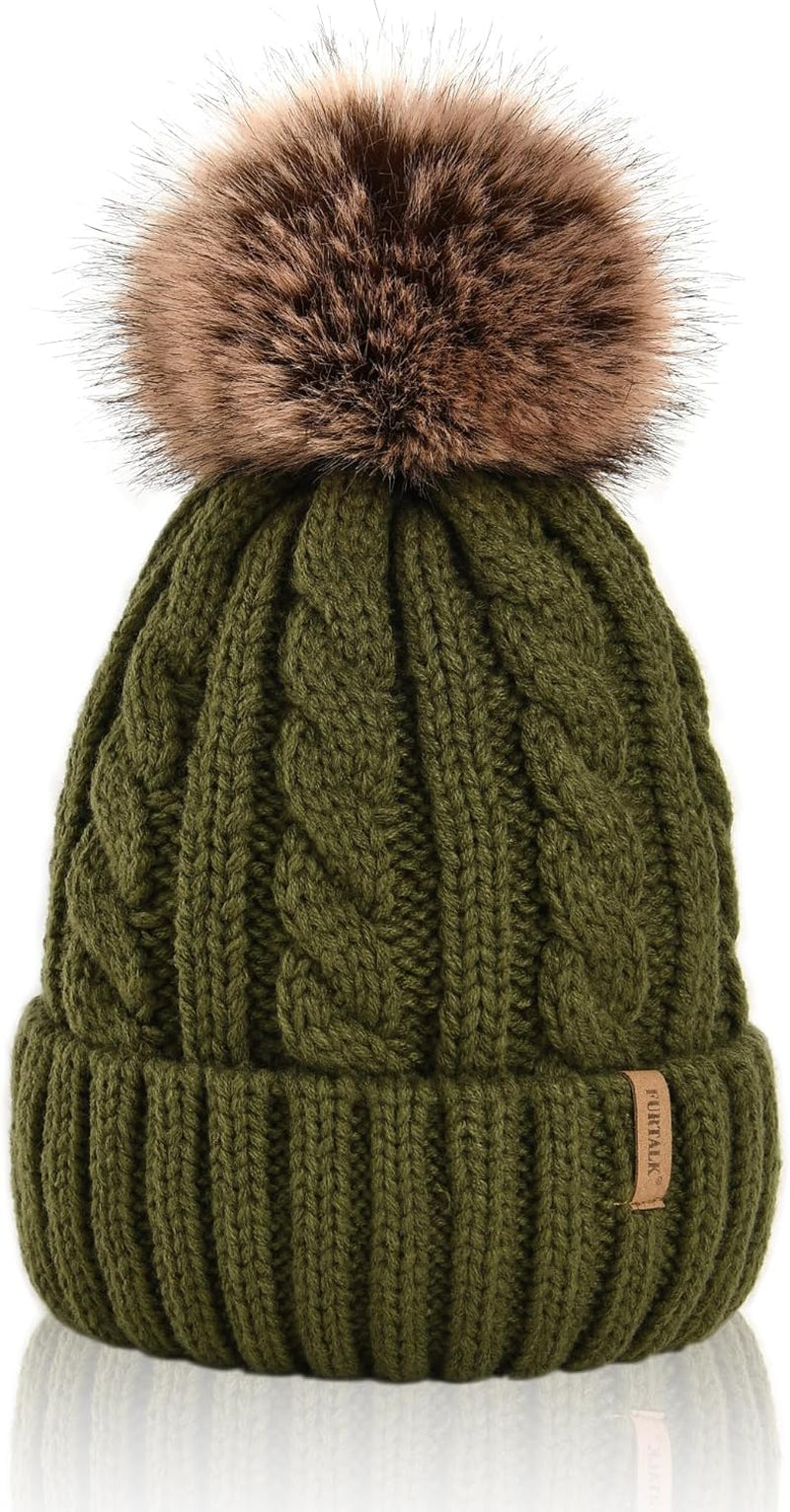 Winter Beanie Knit Hat for Women Warm Fleece Lined with Faux Fur Pom Poms Womens Thick Ski Hats Knitted Skull Cap