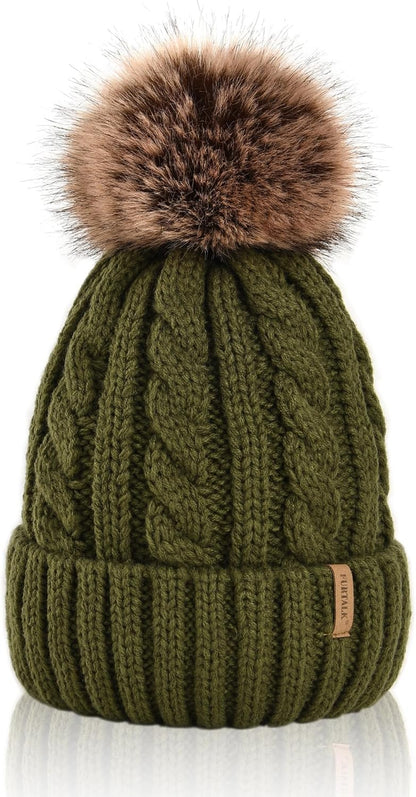 Winter Beanie Knit Hat for Women Warm Fleece Lined with Faux Fur Pom Poms Womens Thick Ski Hats Knitted Skull Cap