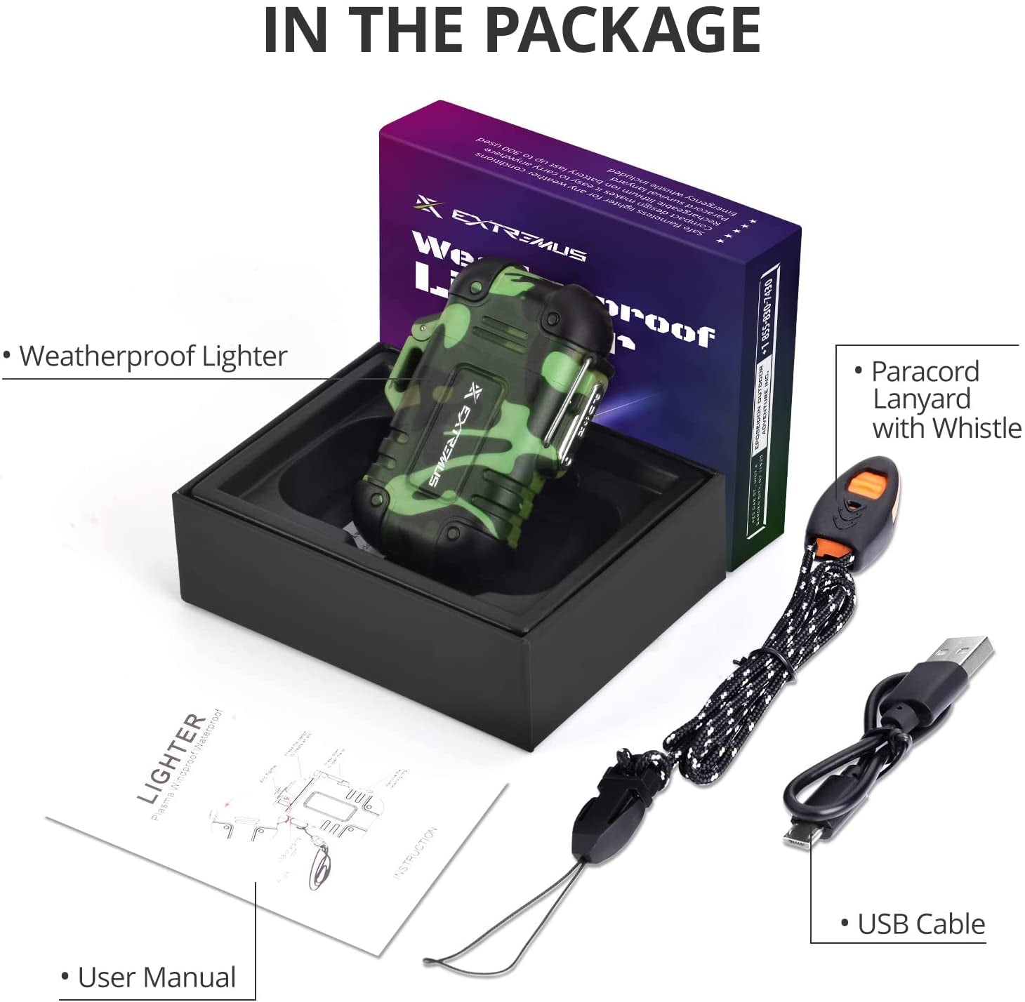 Blaze 360 Rechargeable Electric Lighters, Dual Arc Lighter, Windproof Plasma Lighter, Waterproof Lighter, Flameless Lighter with Whistle Lanyard for Camping (Army Green(Without Flash))