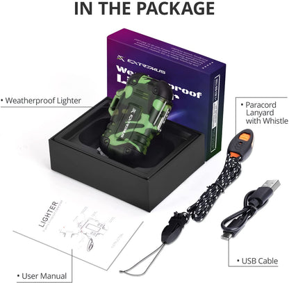 Blaze 360 Rechargeable Electric Lighters, Dual Arc Lighter, Windproof Plasma Lighter, Waterproof Lighter, Flameless Lighter with Whistle Lanyard for Camping (Army Green(Without Flash))