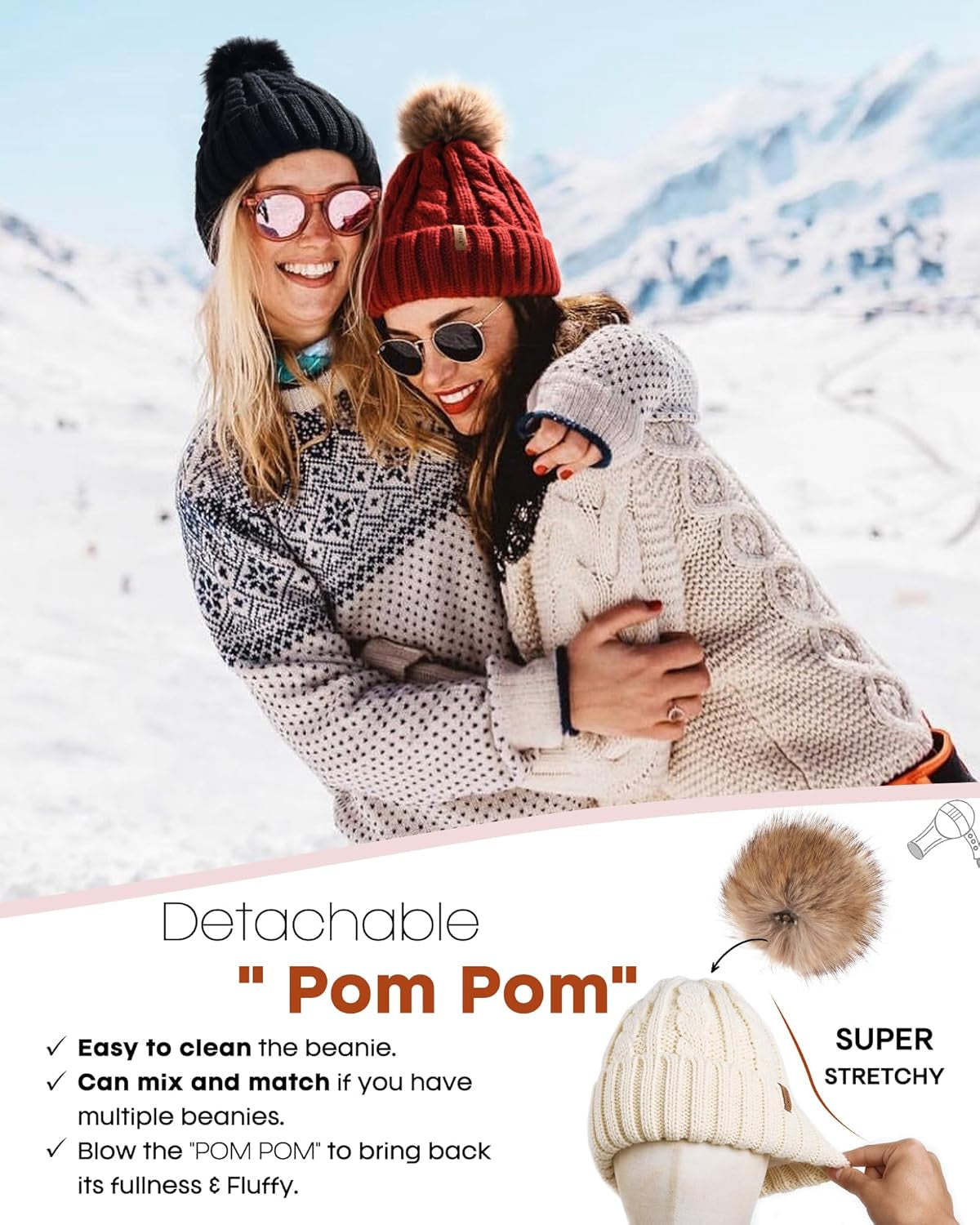 Winter Beanie Knit Hat for Women Warm Fleece Lined with Faux Fur Pom Poms Womens Thick Ski Hats Knitted Skull Cap