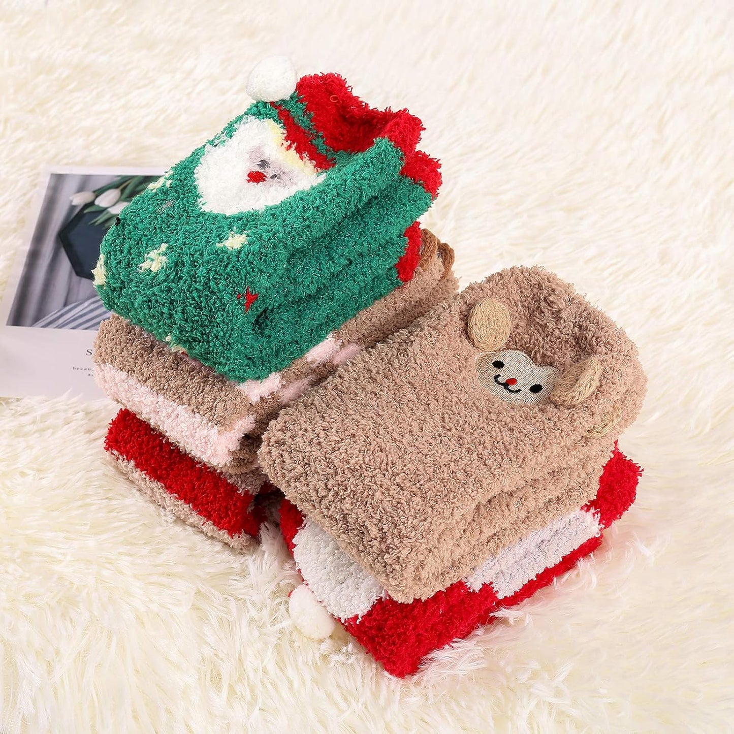 Womens Christmas Fuzzy Socks Fluffy Cozy Warm Super Soft Slipper Home Socks for Christmas