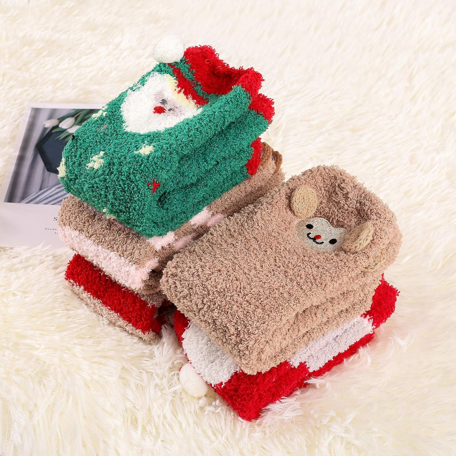 Womens Christmas Fuzzy Socks Fluffy Cozy Warm Super Soft Slipper Home Socks for Christmas