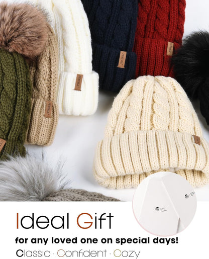 Winter Beanie Knit Hat for Women Warm Fleece Lined with Faux Fur Pom Poms Womens Thick Ski Hats Knitted Skull Cap