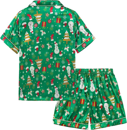 Pajama Set for Kid Baby Boy Girl Button-Up Silk Pajama Sleepwear Nightwear Loungewear Clothes Set Gifts for Kids