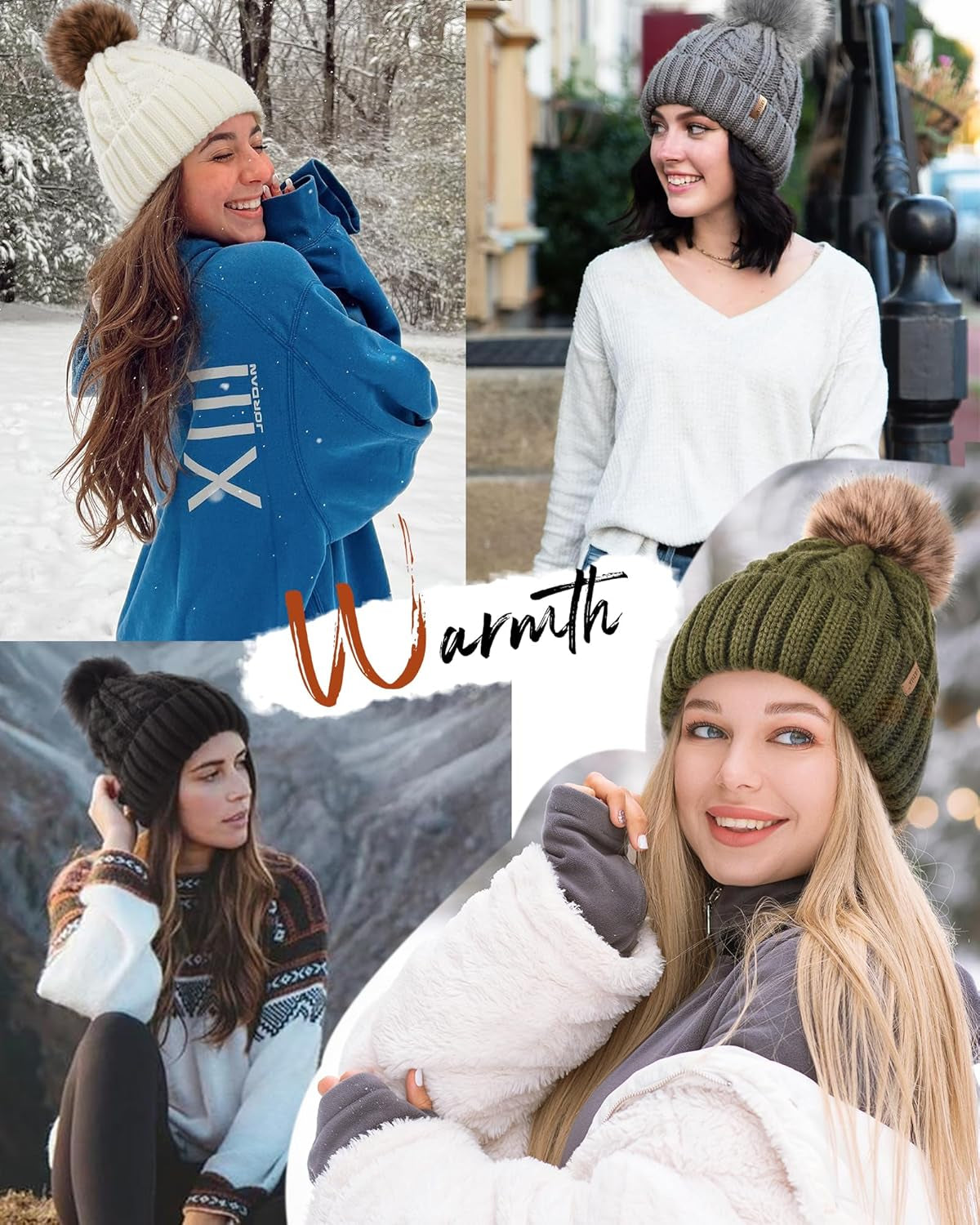 Winter Beanie Knit Hat for Women Warm Fleece Lined with Faux Fur Pom Poms Womens Thick Ski Hats Knitted Skull Cap