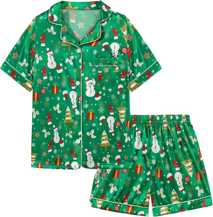 Pajama Set for Kid Baby Boy Girl Button-Up Silk Pajama Sleepwear Nightwear Loungewear Clothes Set Gifts for Kids