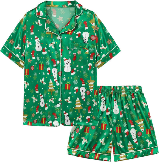 Pajama Set for Kid Baby Boy Girl Button-Up Silk Pajama Sleepwear Nightwear Loungewear Clothes Set Gifts for Kids