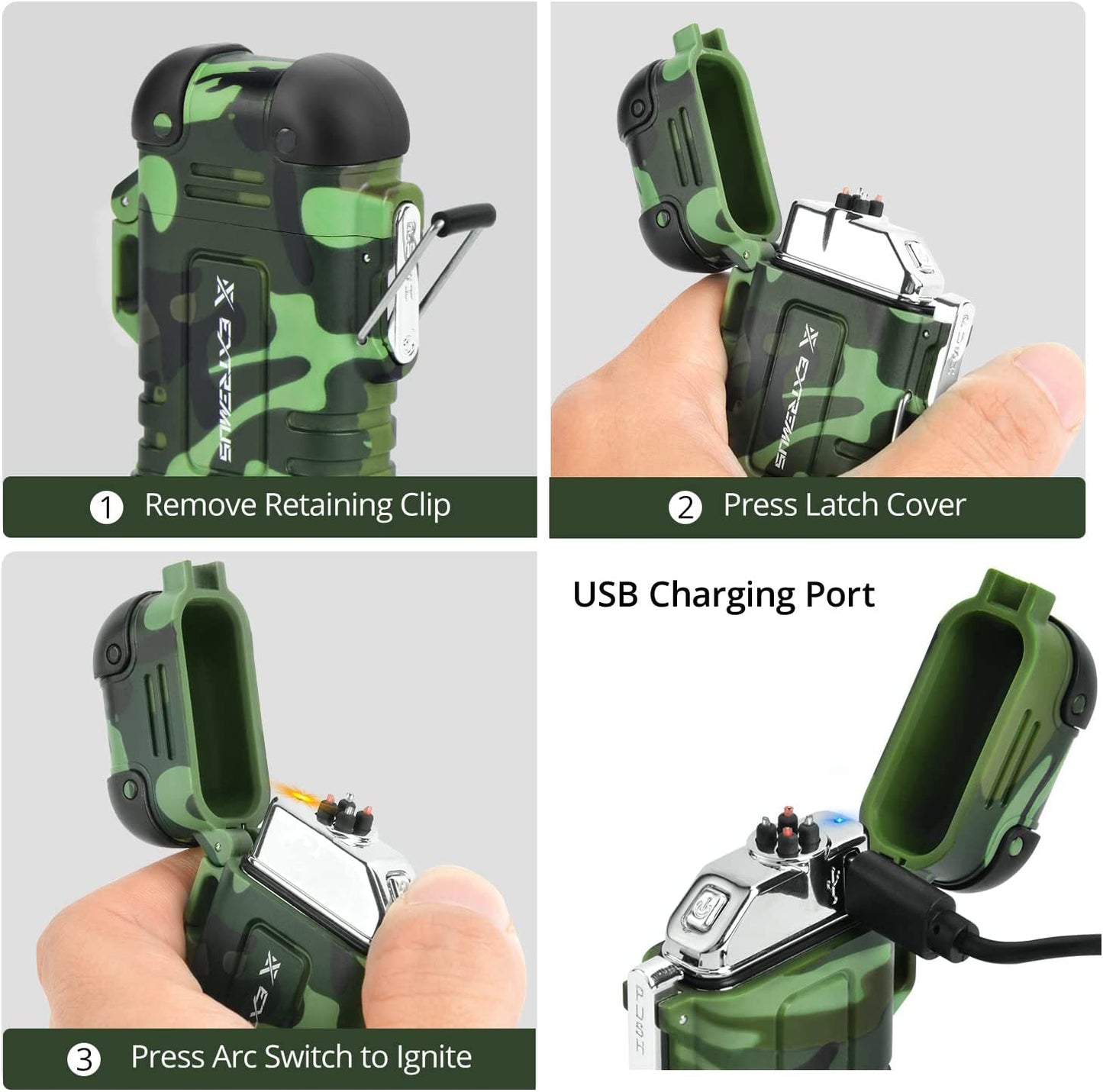 Blaze 360 Rechargeable Electric Lighters, Dual Arc Lighter, Windproof Plasma Lighter, Waterproof Lighter, Flameless Lighter with Whistle Lanyard for Camping (Army Green(Without Flash))