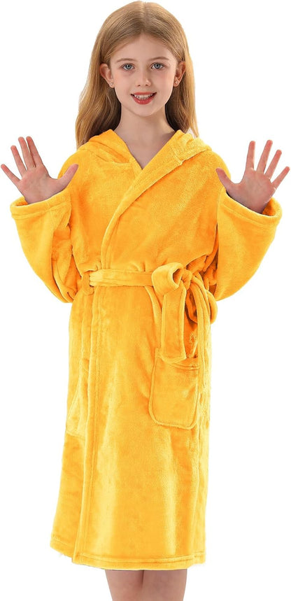 Girls Fleece Robe, Plush Hooded Soft Fuzzy Warm Fluffy Bathrobe for Kids 5-14 Years